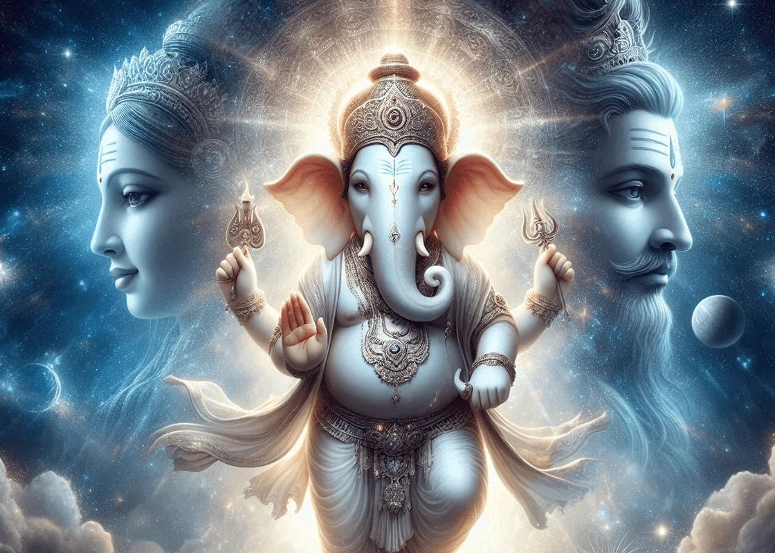 Mahāgaṇapati between Pārvatī and Śiva, radiant against a field of stars